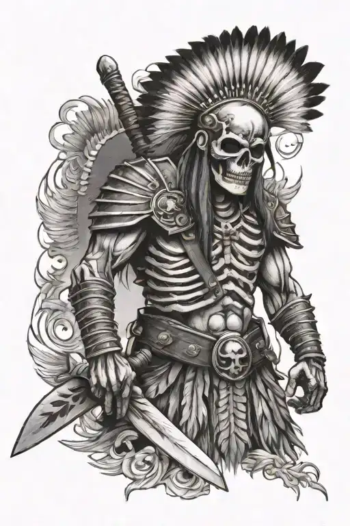 Indian Skeleton Warrior Facing Forward Holding Tomahawk