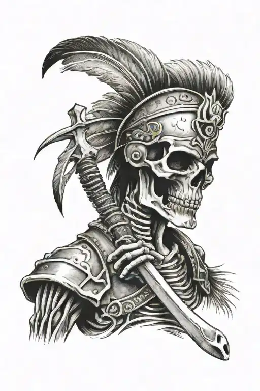 Indian Skeleton Warrior Upper Body Facing Forward Holding Tomahawk