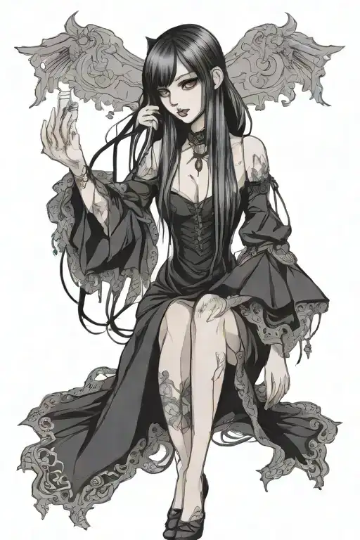 Female Anime Vampire Long Hair Bangs Gothic Dress Detailed Hands