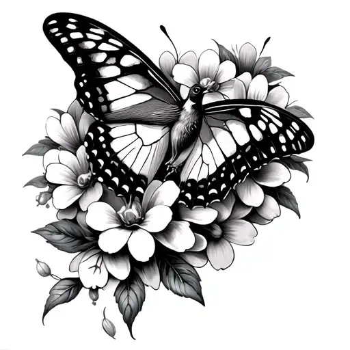 Butterfly With Small Robin On Flowers