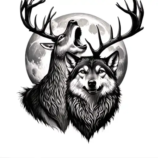 Deer And Wolf Howling At The Moon