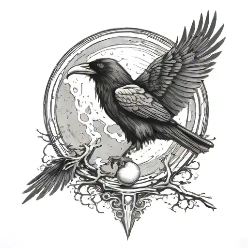 The Raven Is On Top Against The Background Of The Moon