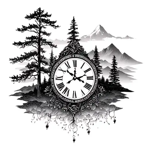 Nature Of Life With Beautiful Trees And Mountains With A Fancy Clock Time