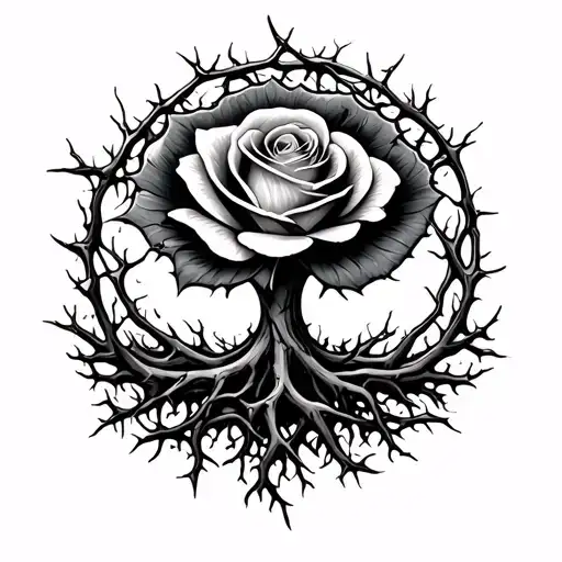 Nature Of Life With Roots Shaped Into A Rose And Thorns Going All Around With A Pathway To Life