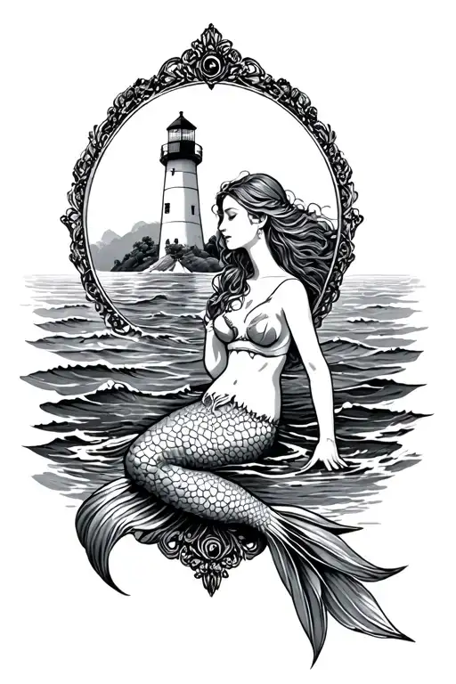 Mermaid In The Ocean Looking At Lighthouse In Distance With Ornate Round Frame