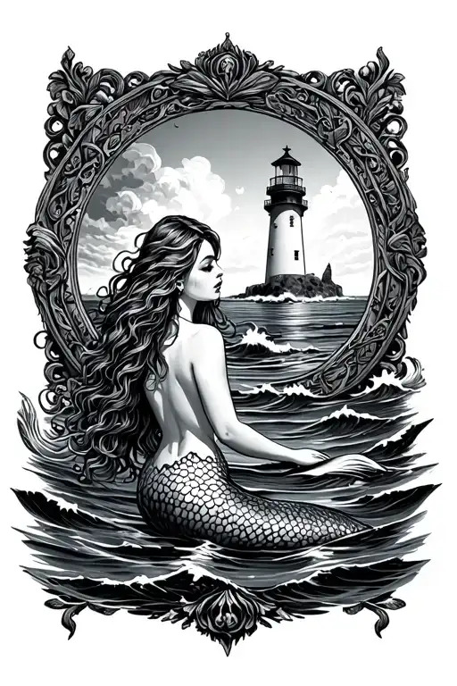 Mermaid In The Ocean Looking At Lighthouse In Distance With Ornate Round Frame Around Whole Design