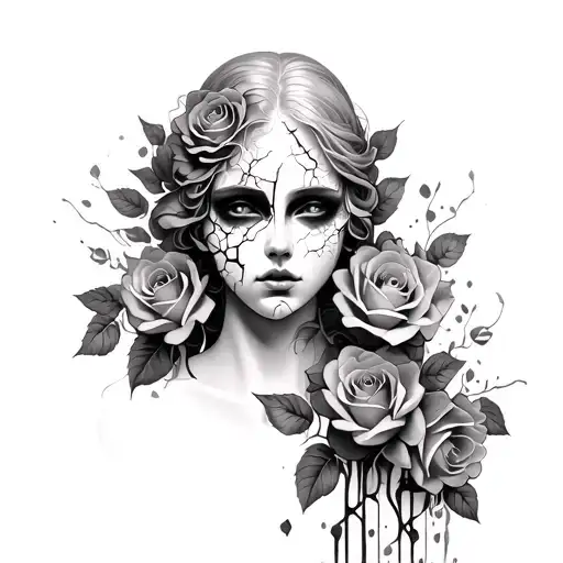 Broken Porcelain Face With Cascading Roses Down Arm