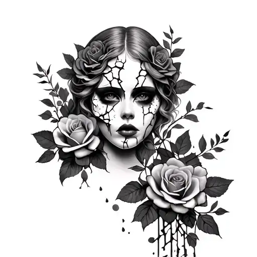 Broken Porcelain Face With Cascading Roses Down Arm