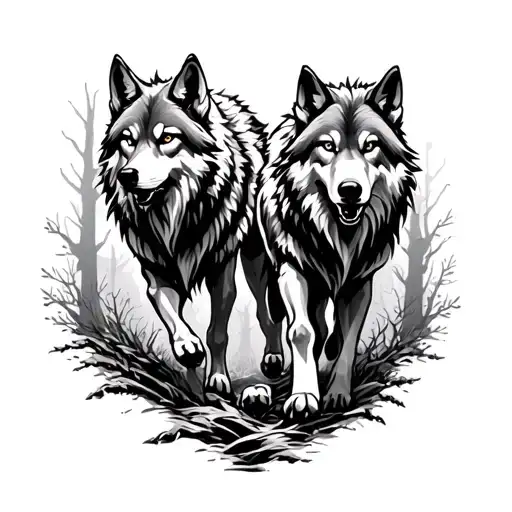 Odins Wolfs Running In Forest