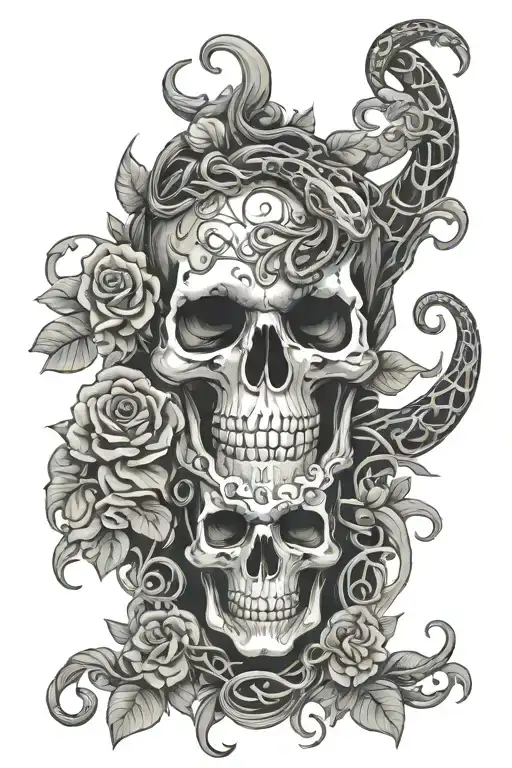 Medusa Head Snake Going Through Skull Surrounded By Flowers And Vines