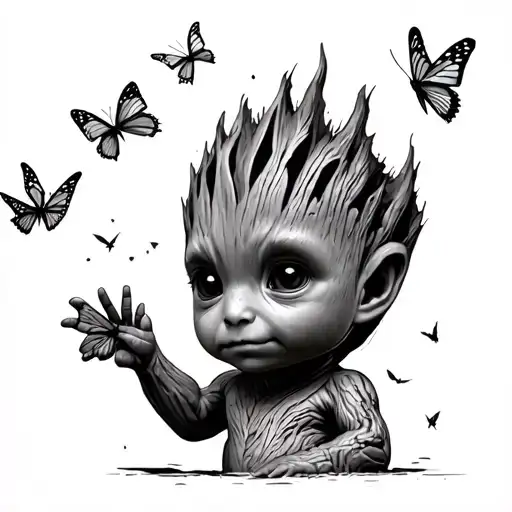 Baby Groot Reaching For Butterflies Flying