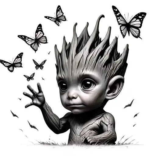 Baby Groot Reaching For Butterflies Flying Away