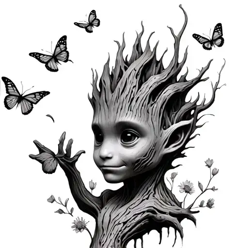 Groot Tree Braches With Leaves And Flowers Reaching For Butterflies