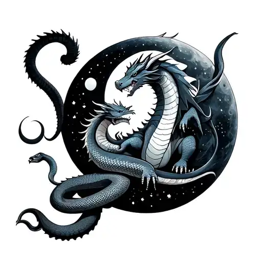 Pastel Dragon Sitting On The Moon With A Snake Entangled On Tail