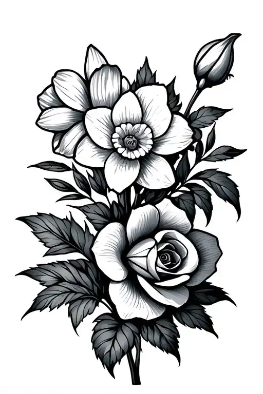 Daffodil And Violet And Rose Bouquet