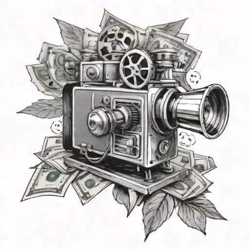 A Nature Scene With A Film Projector Projecting Images Of Money And Famous Movie Locations