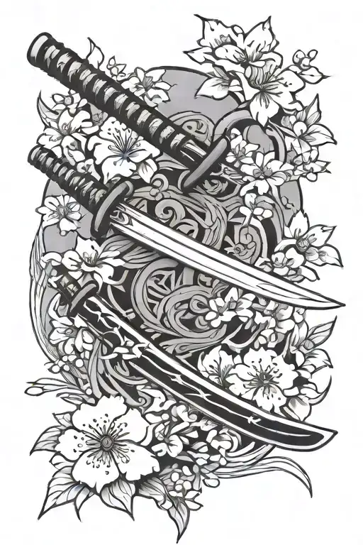 Katana And Sakura Flowers