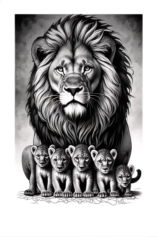 Lion Looking Over Five Cubs On Chest Into A Half A Sleeve Of Chainmail