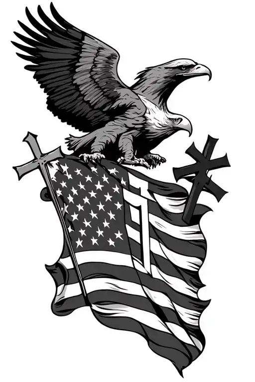 Bald Eagle And American Flag And Three Crosses Mixed
