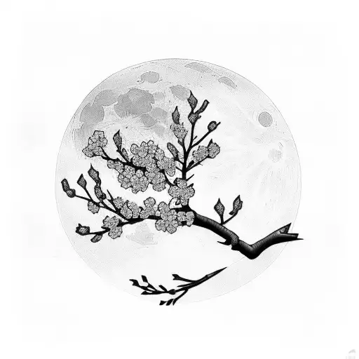 Cherry Blossom Branch Infront Of Moon