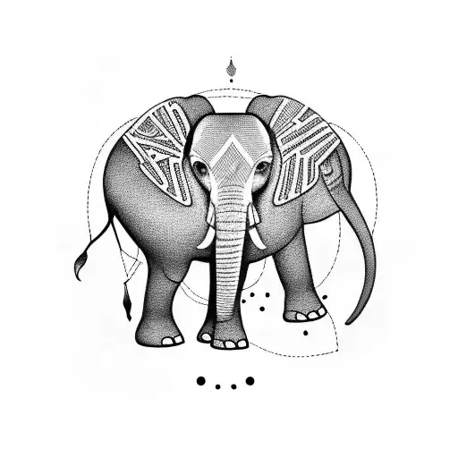 A Minimalist Tattoo Of An Elephant Adorned With Ancient Egyptian Hieroglyphs And Constellations