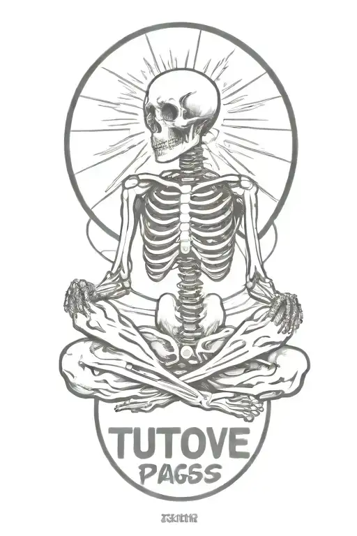 Skeleton Meditating With Big Sun Behind Him And Surrounded By Flowers