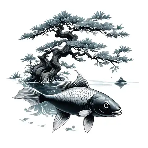 Bonsai Tree Koi Fish Swimming
