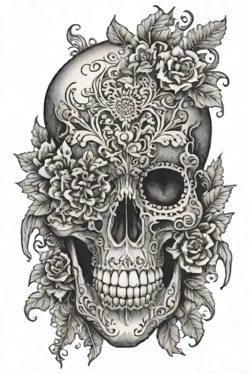 A Hauntingly Beautiful Skull Adorned With Intricate Floral Patterns Inspired By Horror Movies