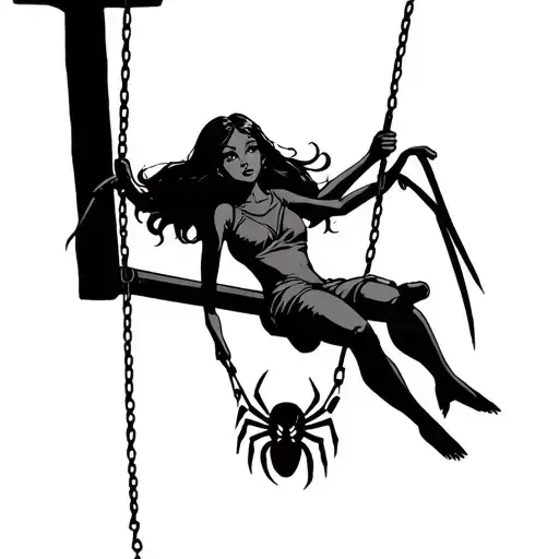 Girl On A Swing Who Leave The Paws Of A Spider