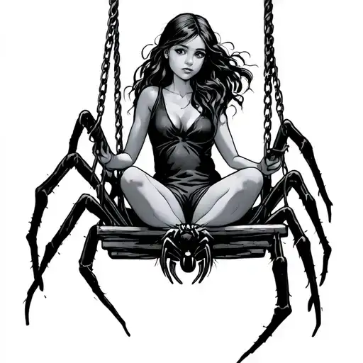 Girl On A Swing Who Leave The Paws Of A Spider