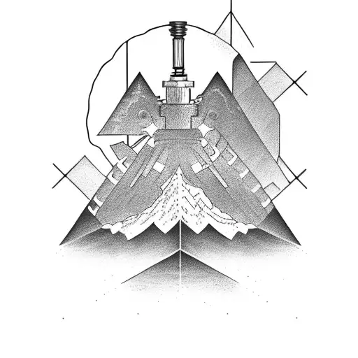 A Blackwork Design Of A Mountain Peak With Gears And Mechanical Elements