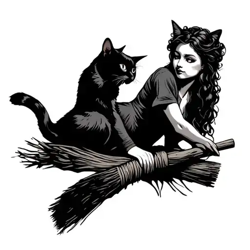 Woman Laying On Broom With Cat Sitting