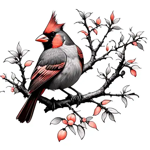 Cardinal On Peach Tree Branches