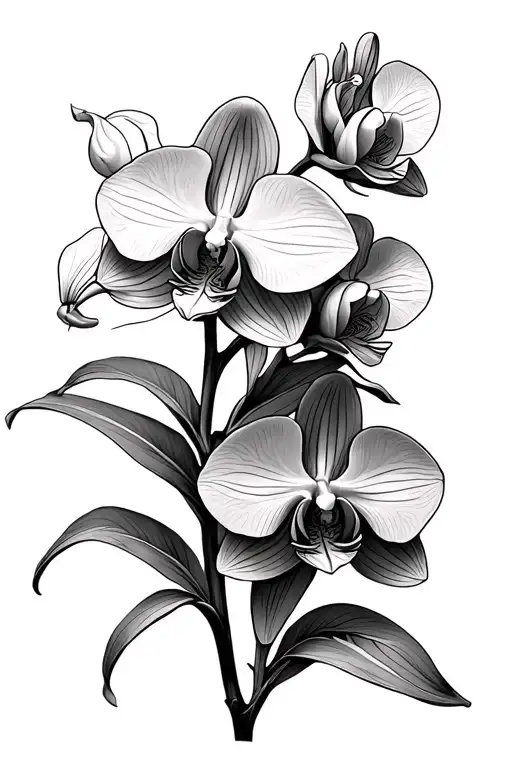 Orchid Flowers On Stem Fine Line With Shading