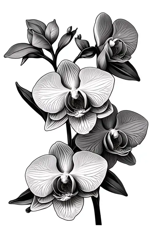 Orchid Flowers On Stem Fine Line With Shading