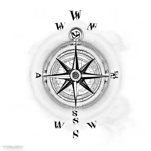 A Compass Surrounded By Swirling Clouds And Mountains
