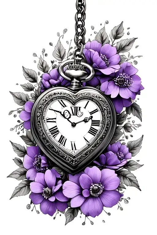 Heart Shaped Pocket Watch Surrounded By Purple Flowers And A Crown