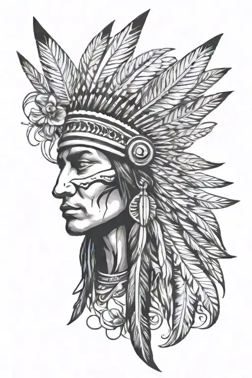 Native American Indian Head With A Hummingbird Perched