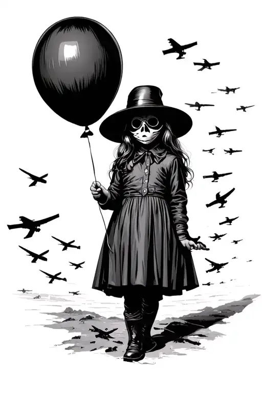 Little Girl Wearing A Plague Doctor Mask Holding A Balloon In The Middle Of A War With Airstrikes