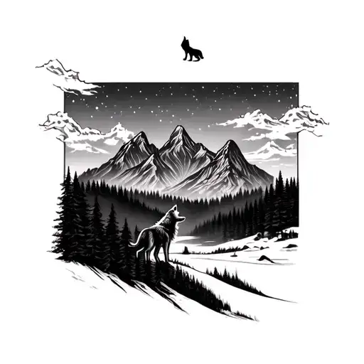 Night Forrest With Mountains With Wolf Howling To The Night Sky And A Wolf In The Sky Looking Down