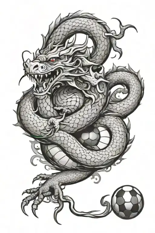 A Chinese Dragon Wrapped Around A Soccer Ball With Musical Notes Swirling Around