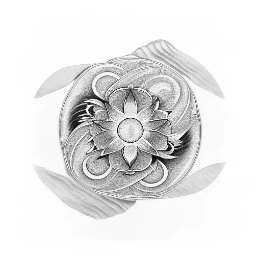 Japanese Kio Fish Yingyang With Waves And Lotus Flower