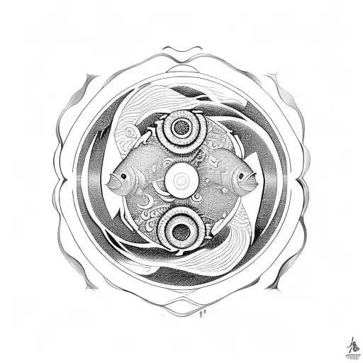 Japanese Kio Fish Yingyang Design With Waves And Lotus Flower