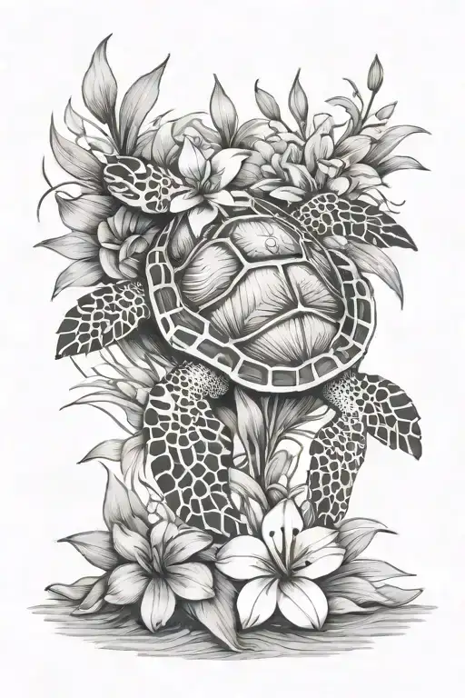 Sea Turtle With Tracks Going And Tiger Lily Flower