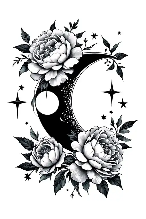 Crescent Moon In Black With Peonies Under Left Side And Stars On Right Side