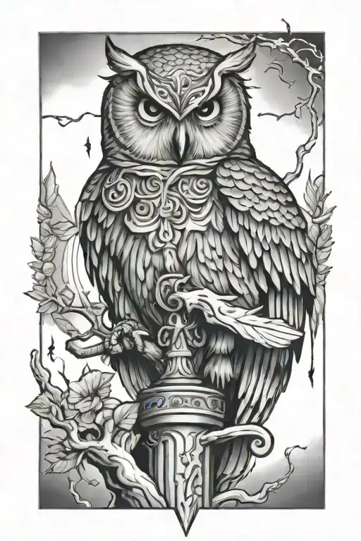 Athena Goddess Lightning Bolt And Owl Perched