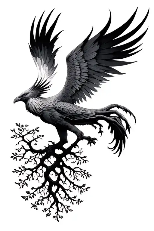 Phoenix With Tree Of Life With Roots