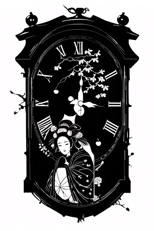 Broken Clock With A Geisha And Cherry Tree