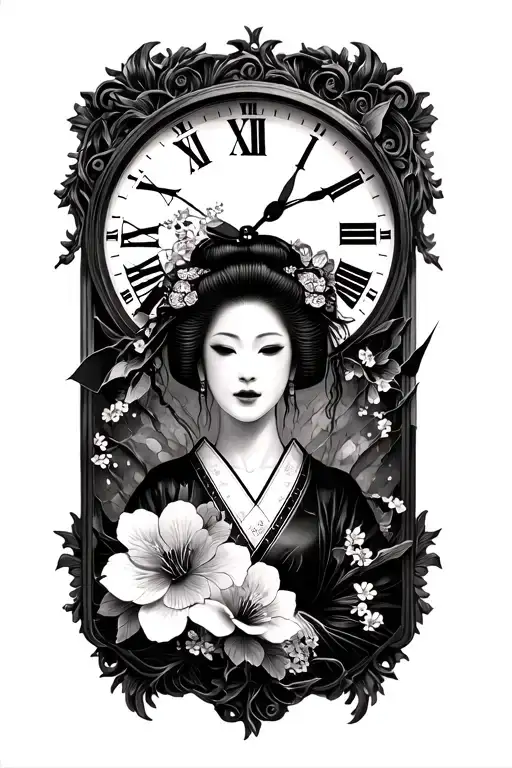 Broken Clock With A Geisha And Cherry Flowers