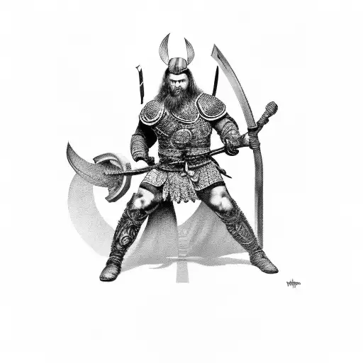 A Black-grey Tattoo Of A Viking Warrior Wielding Mjolnir